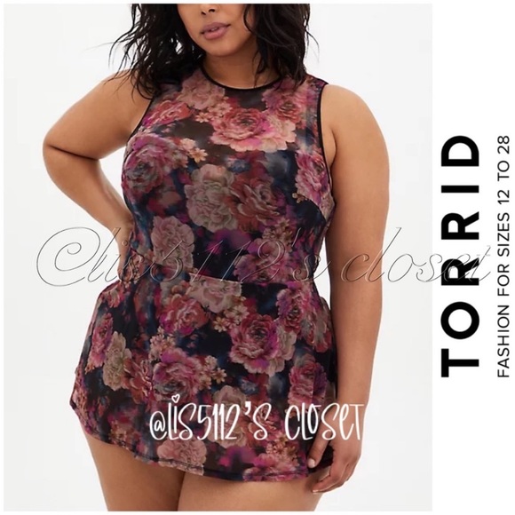 torrid Other - Torrid Multi Rose Floral Mesh Peplum Underwire One Piece Swimsuit Swim Dress 2X